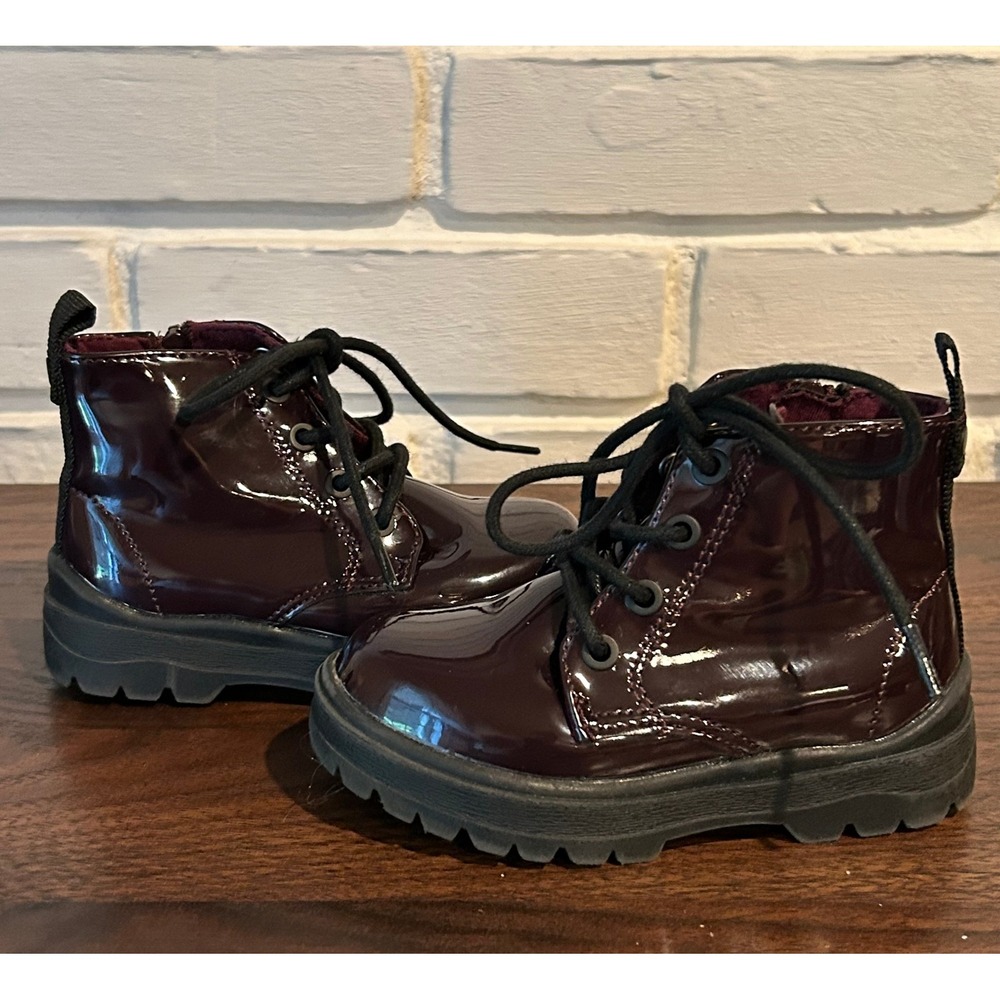 Zara Kids Burgundy Patent Lace Up Boots Side Zipper Toddler Size EU 21